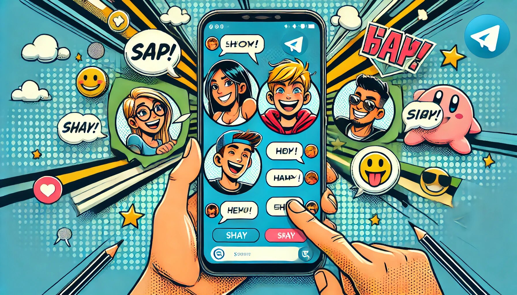DALL·E 2025-03-04 13.52.50 - A comic-style illustration of a fun and friendly chat interface of a social media app named Telegram. The screen should display chat bubbles, smiley f_proc.jpg