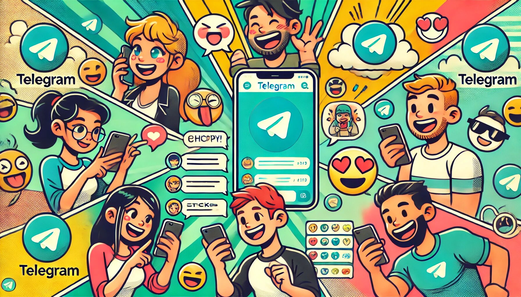 DALL·E 2025-03-04 13.52.56 - A comic-style illustration of a group of friends using the Telegram app on their phones. The characters are cartoonish, having fun and interacting wit_proc.jpg