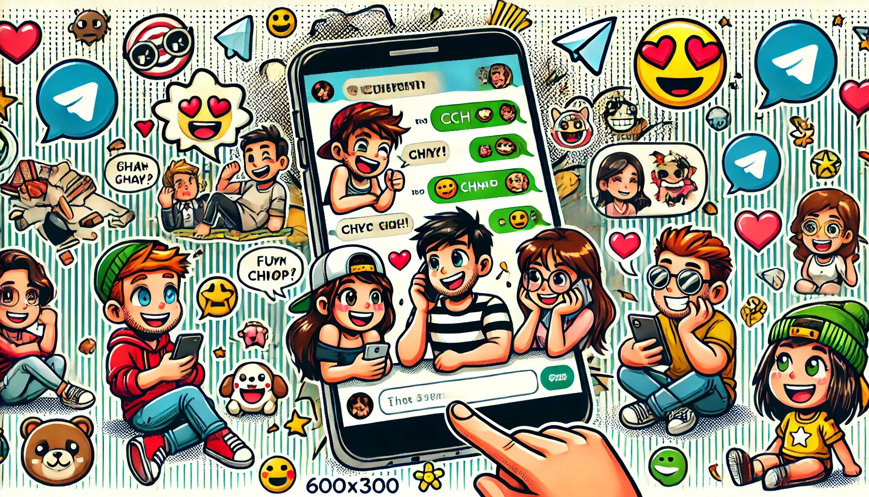 DALL·E 2025-03-04 13.52.59 - A comic-style illustration of a fun and interactive chat screen from Telegram, featuring cartoon characters chatting with each other using emojis, sti_proc.jpg