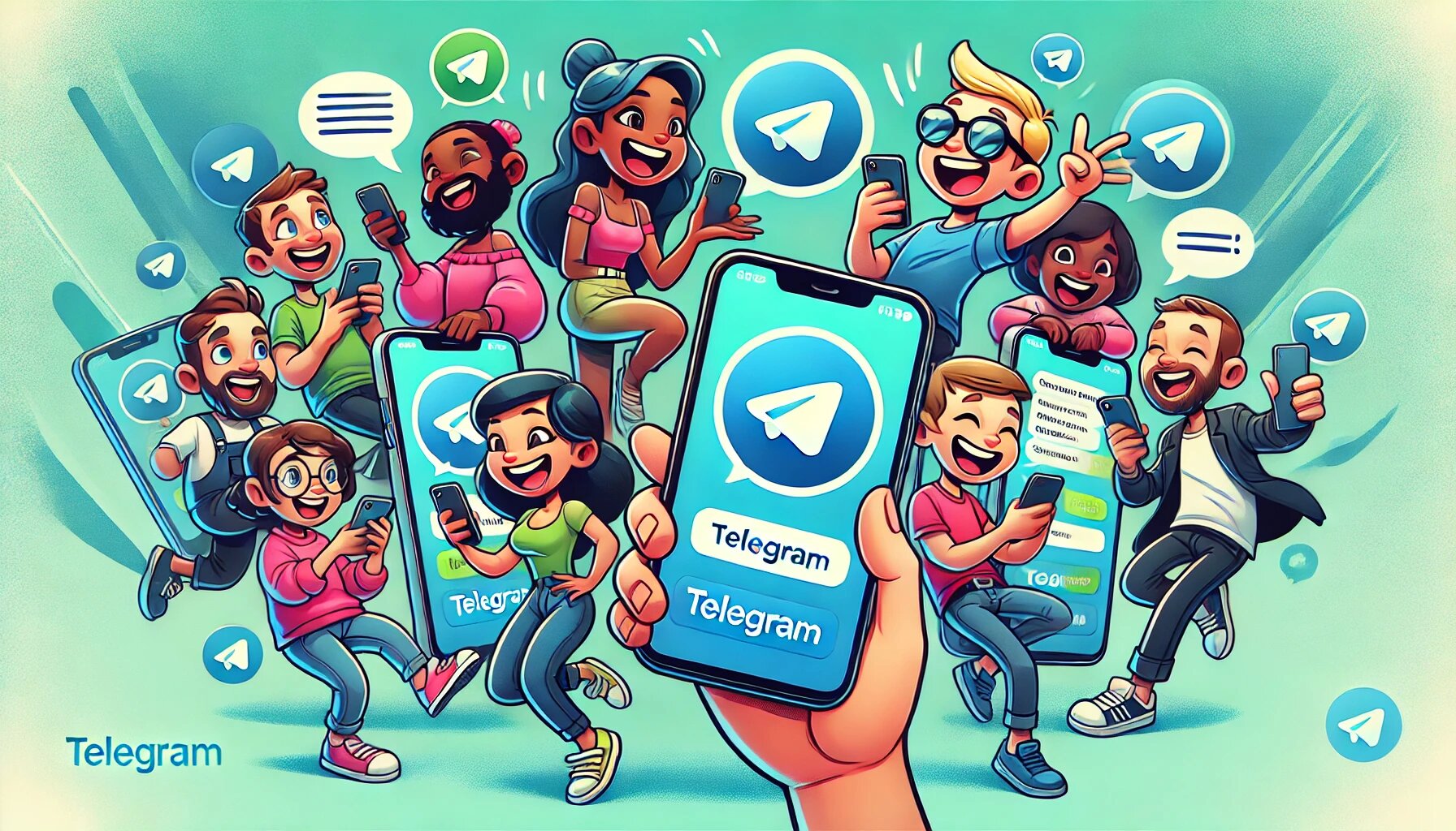 DALL·E 2025-03-06 15.05.37 - A cartoon illustration featuring a group of diverse people using Telegram on their smartphones. The app logo 'Telegram' is prominently displayed on th_proc.jpg