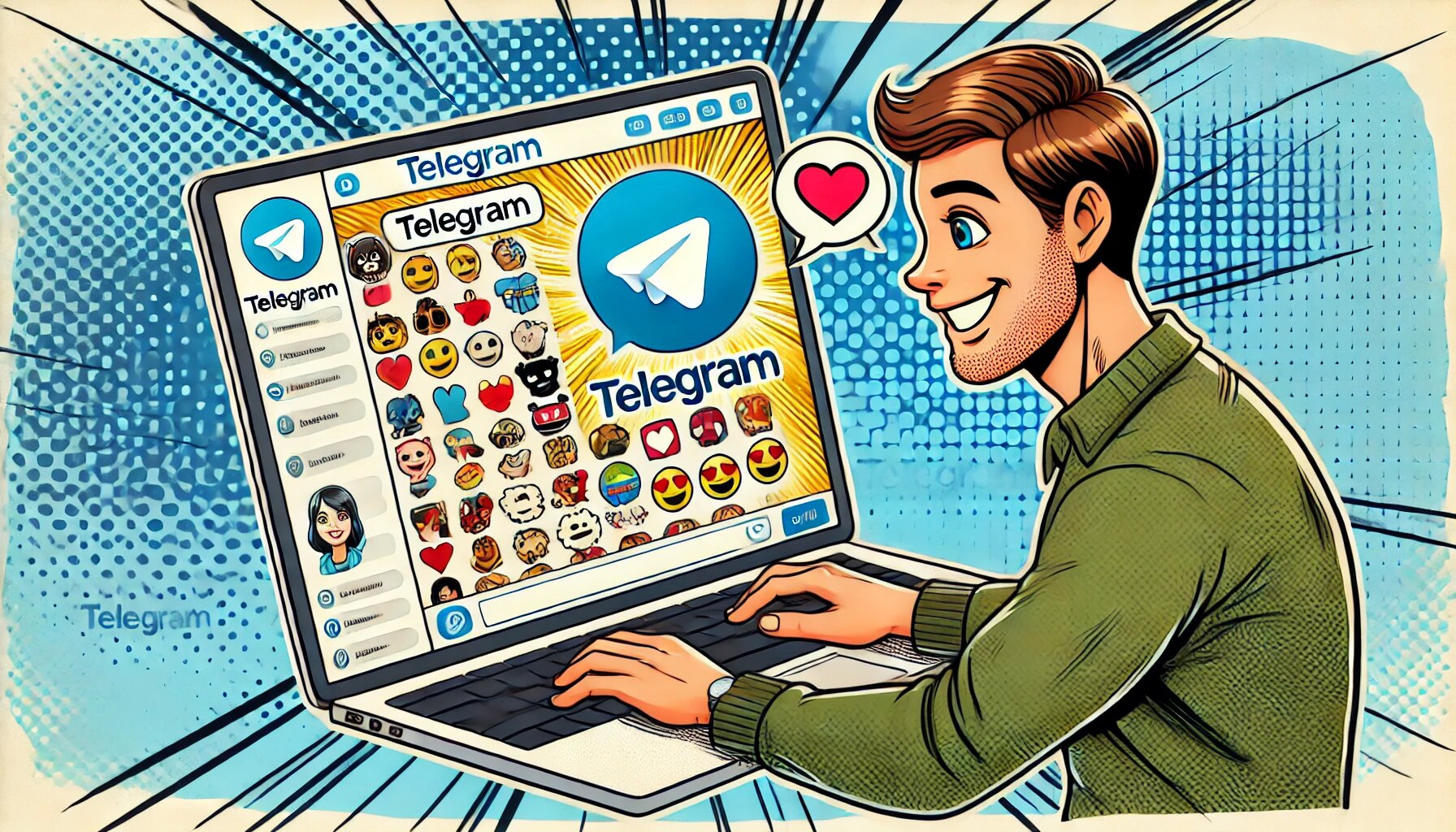 DALL·E 2025-03-06 15.05.45 - A comic-style drawing of a person looking at Telegram’s interface on a laptop. The screen prominently displays the Telegram app logo. The chat window _proc.jpg